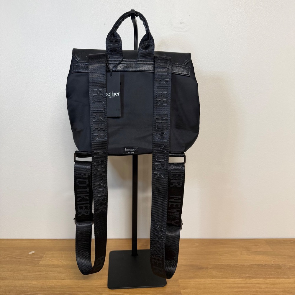 Botkier New York Trigger Black Nylon Leather Flap Backpack Logo Straps NEW - Picture 2 of 5
